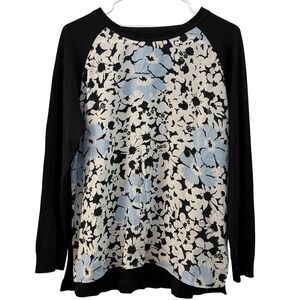 Weekend Max Mara Floral Print Sweater Black Blue Silk Front Long Sleeve Raglan